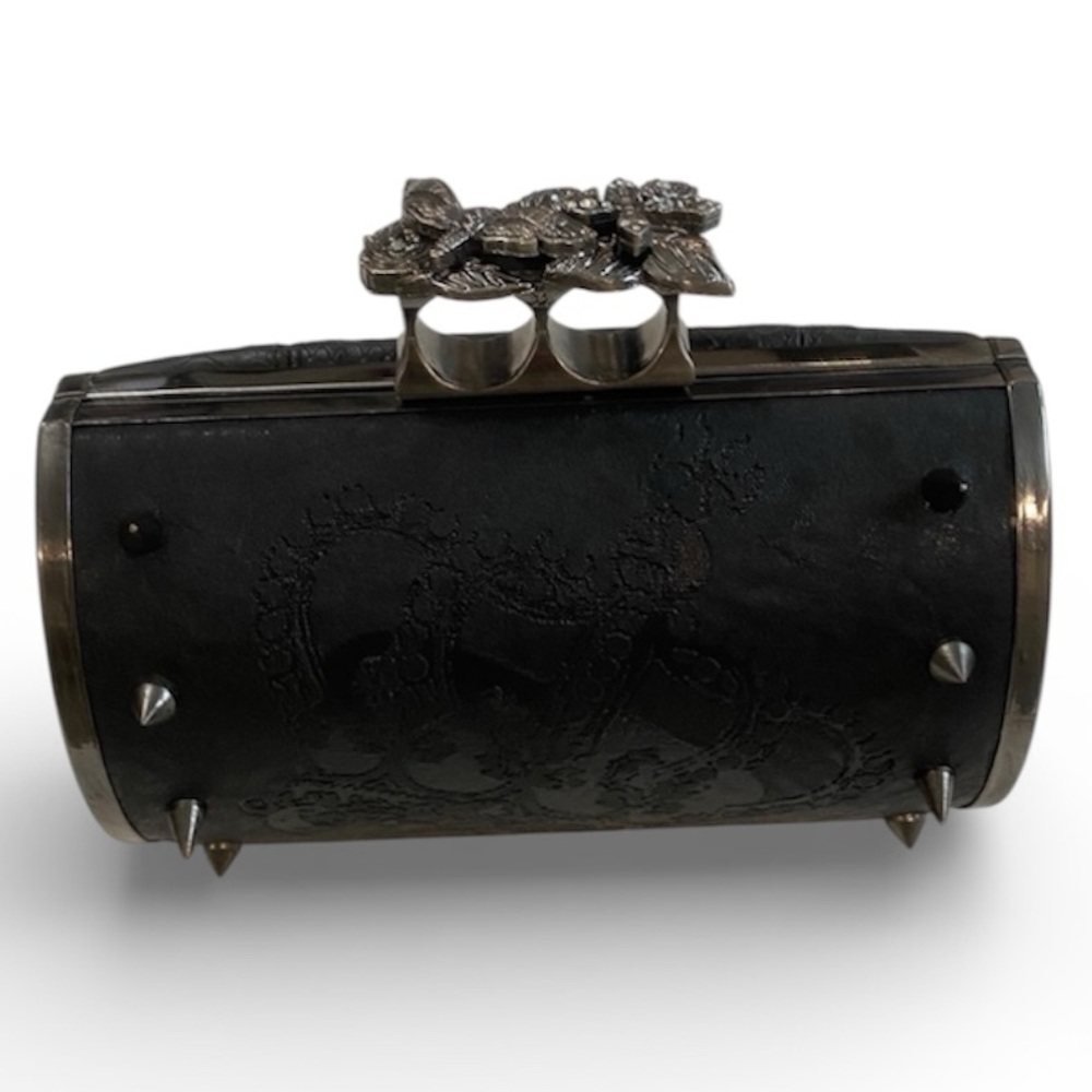 Religion Black Leather Clutch with Silver Spikes & Crossbody Chain, RARE